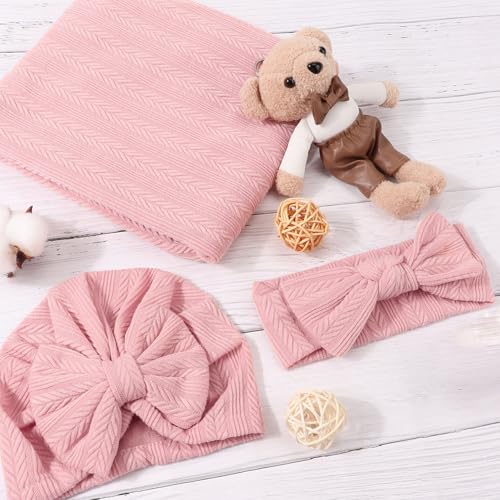 Image of AQOKKA Baby Swaddle Blankets with Bow Hat Headband Set Wheat-Pattern Infant Receiving Blankets Swaddles for Newborns Unisex Toddler Swaddle Wrap Sets for Baby Girls Boys Nursery Warm Shower Gift