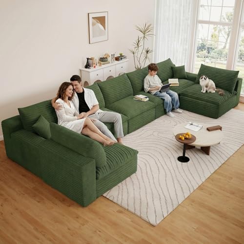 Image of 165 inch Cloud Couch Modular Sectional Sofa for Living Room, U-Shape Boneless Couch with Deep Seat, Modern Corduroy 7-Seater, No Assembly Required, Green