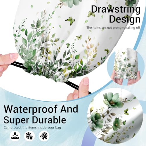 Image of Green Floral Drawstring Bag Butterfly Print Gym Pouch Bags for Storage Cloth Shoes