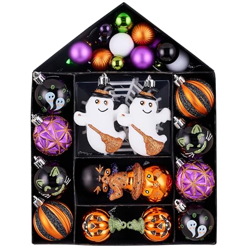 Valery Madelyn ハロウィン飾り ハロウィン オーナメント Mサイズ 40個入りセット お家型ボックス付き 可愛い 飾りつけ 壁掛け パーティー 装飾 かぼちゃ お化け バット 幽霊 黒猫 魔法使い帽 カボチャ