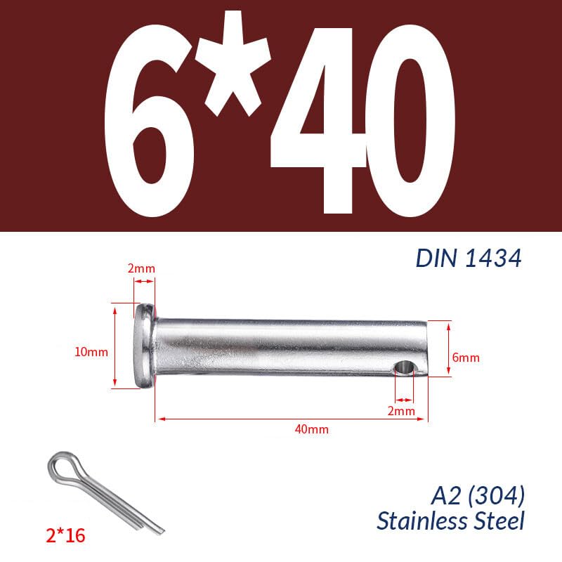 6MM 8MM 10MM Clevis Pin SS304 Stainless Steel A2 Hinge Pin Rigging Pin (10,M6 x 40mm)