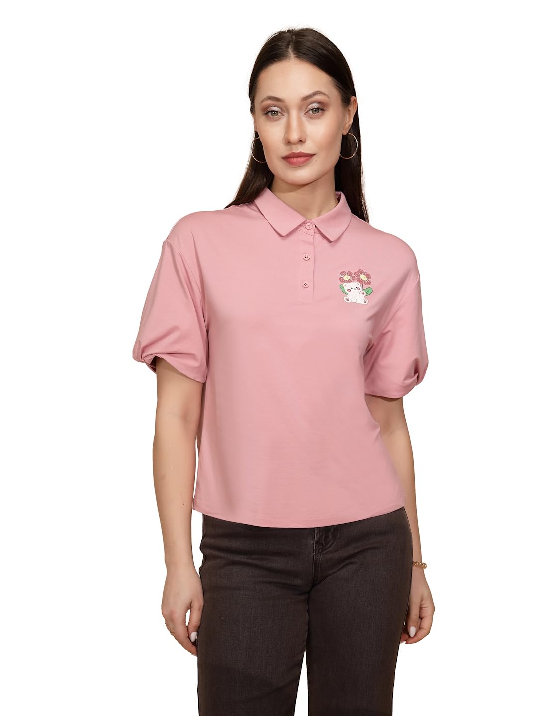 Global Republic Cartoon Print Cotton Regular Fit Round Neck Sleeves Top for Women