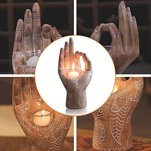 Tea Light Candle Holders Meditation Decor Buddha Hand Candle Holder Zen Spiritual Sculpture For Relax Bedroom Decoration Resin Retro Witchy Candle Yoga Hand Decor 7.59 Inch (Brown) #TOP3