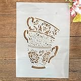 TIAMECH A4 Reusable Coffee Cup Stencil for Painting - Three Tea Cup Layering Template, DIY Wall Art, Wood Furniture, Scrapbook & Crafts (8.3x11.7inch)