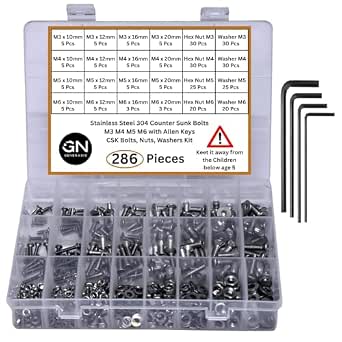300-Piece M4 304 Stainless Steel Allen Screw Assortment - Includes Bolts, Hex Nuts & Washers
