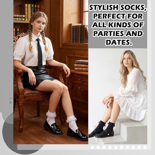 Image of Jspupifip 6 Pairs Lace Ruffle Frilly Crew Socks for Women Girls | Cotton Breathable Cute Princess Ankle Dress Lace Socks Thin Cool Casual Socks
