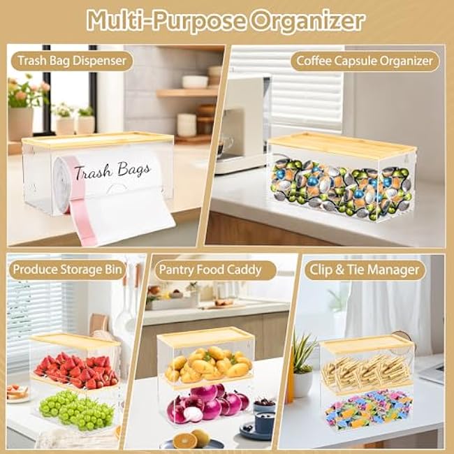 JYPS Stackable Storage Trash Bag Holder With Bamboo Lid, Wall Mounted Garbage Bag Dispenser Holder, Laundry Room Organization,Pantry Organizers and Storage Under Sink Organizer,No Drill,Small