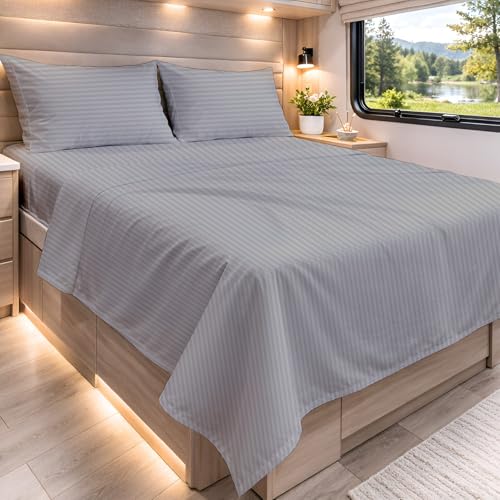 Cottington Lane RV Three Quarter Sheets, 100% Egyptian Cotton, 3/4 Bunk Size 48" x 80", 4 Piece Sheet Set for Campers & Motorhomes, High Thread Count Light Grey Stripe with 6-10" Deep Pocket