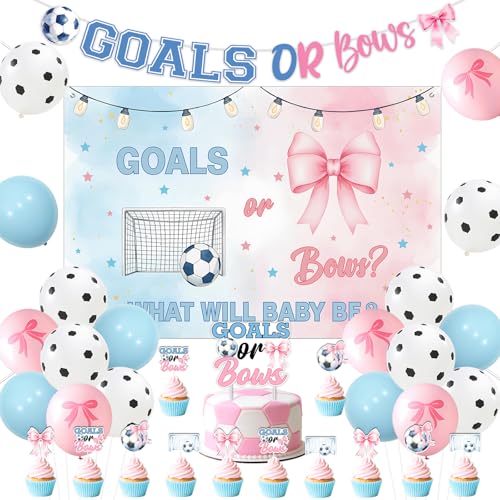 Funmemoir Goals or Bows Gender Reveal Decorations - Soccer Theme 5x3ft Backdrop, Banner, Cake Cupcake Toppers, Balloons for He or She Pink Blue Sports Baby Shower Celebration