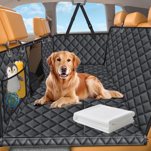 URPOWER Back Seat Extender for Dogs - Hard Bottom Dog Car Seat Cover with 1PC Leak-Proof Pee Pad, Foldable Dog Hammock for Car, SUV, and Truck, Pet Rear Seat Protector Dogs Travel Bed with Mesh Window