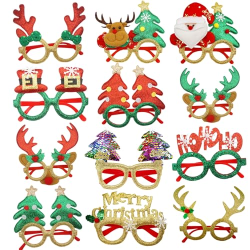 Orielis 12Pcs Christmas Glitter Glasses Frame Set Christmas Glitter Party Eyeglasses for Xmas Parties Holiday Favors Xmas Decorations