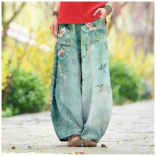 HOTYD Wide Leg Lantern Pants for Women Boho Floral Printed Low Rise Casual Pants Elastic Waist Baggy Trousers with Pockets3