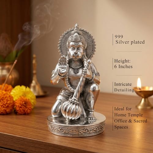 Image of Silver Plated Hanuman Idol - 6 Inch Divine Kneeling Bajrangbali Statue with Gada for Home Mandir and Office - Auspicious Vastu Decor and Spiritual Gift with Anti-Tarnish Finish