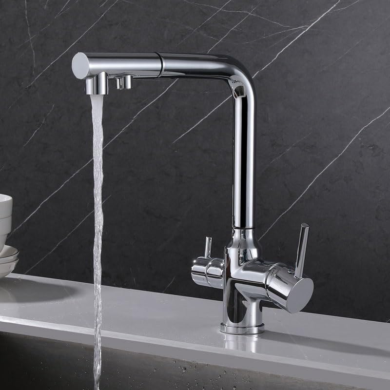 Grifo de cocina de 3 vías con filtro de agua y rociador extraíble de latón con 2 asas para fregadero de cocina, diseño giratorio de un solo agujero en acabado cromado