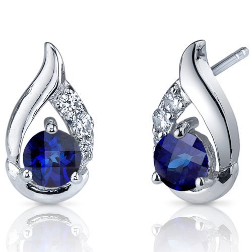 Peora Created Blue Sapphire Earrings 925 Sterling Silver, Radiant Teardrop Studs, 1.50 Carats Total Round Shape 5mm, Friction Back, Blue Earrings, September Birthstone Gift
