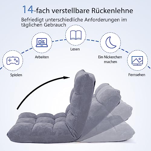 COSTWAY Bodenstuhl mit Verstellbarer Rückenlehne, Bodensessel gepolstert, Bodenkissen faltbar, Meditationsstuhl, Relaxsessel, Thaikissen für Freizeit, Meditation, Yoga (Grau)
