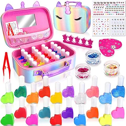 MarckersHome Kids Nail Polish Sets for Girls, 20 Colors Kids Water-Based Peel-Off Nail Varnish Set with Nail Art Stickers, Nail Files, Gem, Unicorn Vanity Case, Unicorn Gifts for Girls 4 5 6 7 8 9 Cover