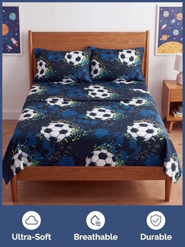 Image of Kids Full Midnight Soccer Bed Sheets - 4 Piece Midnight Soccer Sheet Set | Midnight Soccer Themed Bedding, Ultra-Soft, Cute & Cozy, Breathable & Machine Washable, Bed Set for Boys, Girls & Teens, Cozy