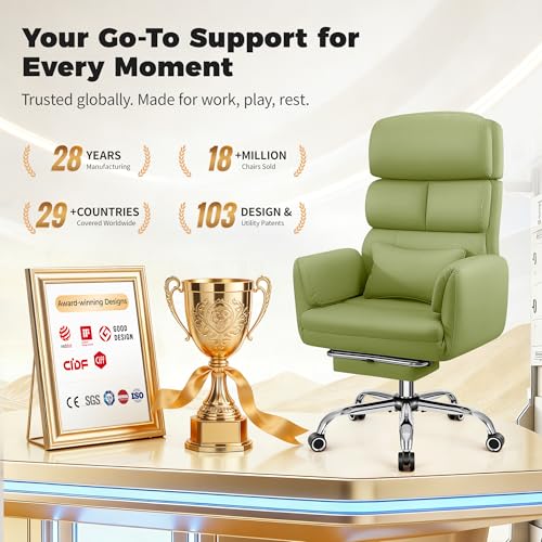 Image of Big and Tall Office Chair 500LBS, Ergonomic High Back Leather Executive Chair, Reclining Swivel with Adjustable Armrests Lumbar Support Footrest, Cross Legged, Green