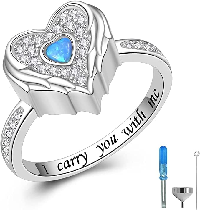 Angel Wing Heart Cremation Ring for Women - 925 Sterling Silver Holds Loved Ones Ashes Rings for Pet Human Ash
