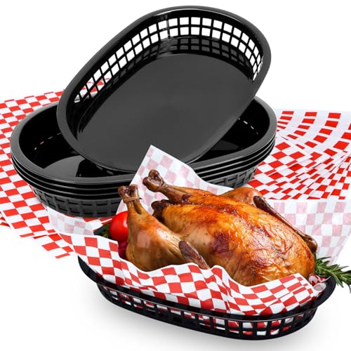 Hslife 60 Sheets Red Checkered Deli Liners and 6 Black Fast Food Baskets, Classic Deli Baskets with Red Checkered Dry Waxed Deli Paper(12'') (6+60)