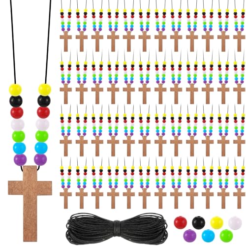 Kathfly DIY Wood Cross on Cord Pendant Necklace Sunday School Crafts for Kids Wood Cross Necklace with Colorful Beads Religious Party Favor for Vbs Church Easter Gifts(Brown 261 Pcs)