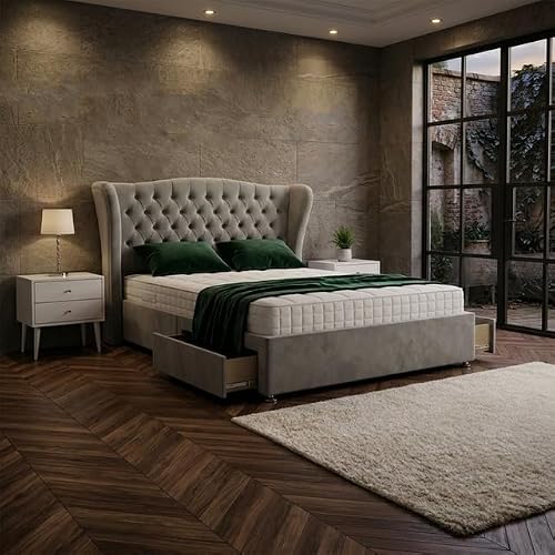 Image of Lush Products Winged Chesterfield Divan Bed Frame Plush Velvet Upholstered Headboard, Optional Drawer Storage & Orthopedic Mattress, (CREAM PLUSH + 5FT-KING + 2 DRAWER SAME SIDE & Mattress)