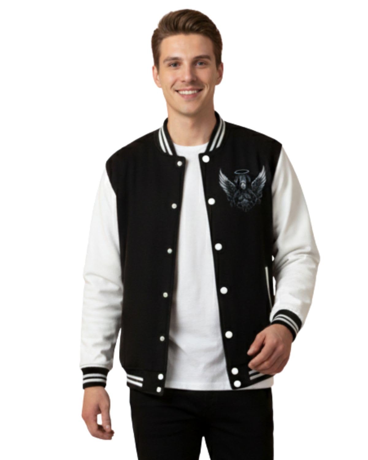 Mens Fleece Varsity Jacket with Front Button Closure and Contrast Sleeves Printed Soft Warm Fabric Bomber Jacket for Winter Wear-picture-48