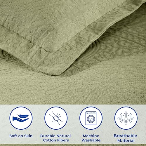 Superior Fleur De Lis Cotton 3 Piece Bedspread Set, Home Bed Decor, Decorative Textured Bed Spread, 2 Pillow Shams, Airy Blanket, Matelasse Coverlet Bedding, Boho Medallion, King, Sage by SUPERIOR - Image 9
