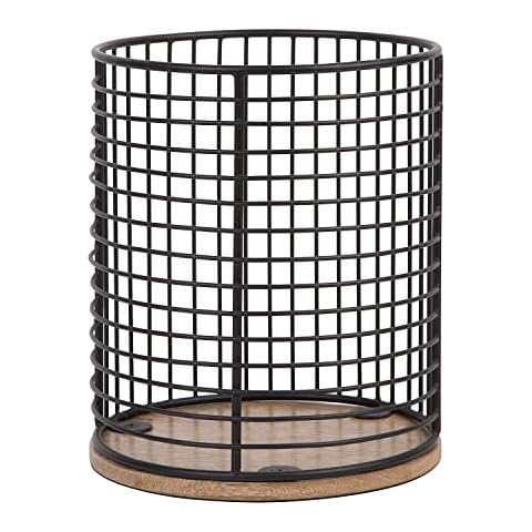 MosJos Extra Large Black Utensil Holder with Spacious Wooden Base - Farmhouse Utensil Storage - Classic Round Wire Crock Kitchen Countertop Organizer - 7.2” x 6.2” x 6.2” Cooking Utensil Holder Cover