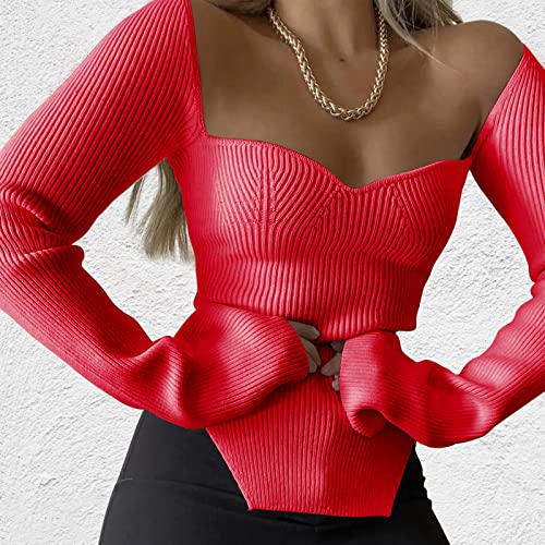 Image of Women's Square Neck Ribbed Knitted Sweater Long Sleeve Crop Slim Fitted Basic Pullover Tops