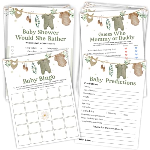 Baby Shower Games for Boys, Bingo Game for 25 Guests, Fun Mommy or Daddy Prediction Game, Would She Rather Sage Green Baby Shower Decorations Ideas