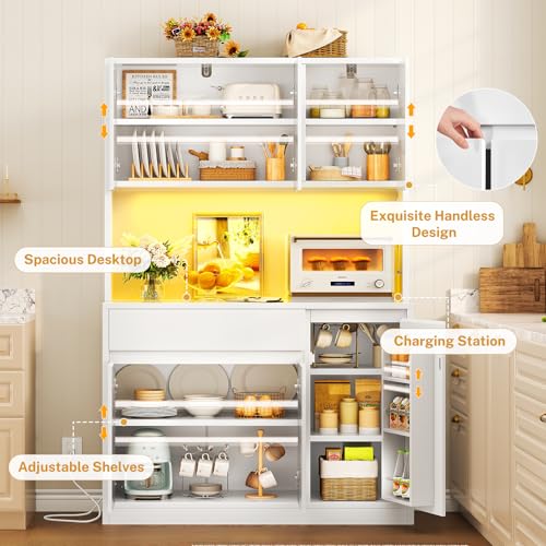 Image of TEENFON Pantry Cabinet with Charging Station and LED Light, Kitchen Pantry Cabinet with Microwave Stand, Kitchen Storage Cabinets with Adjustable Shelves and Door Shelves for Dining Room, White
