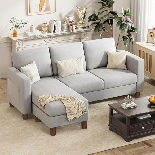 VICTONE Convertible Sectional Sofa Couch, 3 Seat L-Shaped Sofa with Linen Fabric Ottoman Small Couch for Small Apartments, Living Room and Office (Linen Fabric, Light Gray)