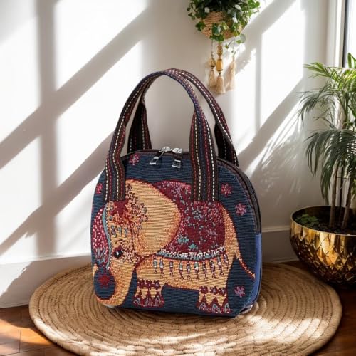 Bolsa de mão tecida com estampa de borboleta com alça de estilo étnico moderno - ideal para passeios diários casuais, Elefante vermelho e amarelo, Medium, Bolsas de mão