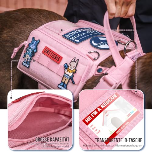 OneTigris Service Hundegeschirr, Guardian Geschirr mit 3 Edelstahl D-Ringen und Großer Kapazität Tasche, Sicherheitsgeschirr für Mittelgroße Große Hunde Rosa,M