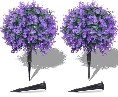 PATIO CHOICE Topiary Trees Artificial Outdoor Boxwood Ball Trees with Lavender Set of 2 22" Artificial Faux Plants Realistic Bushes Fake Shrubs Decorations for Outdoor Indoor Front Porch Garden