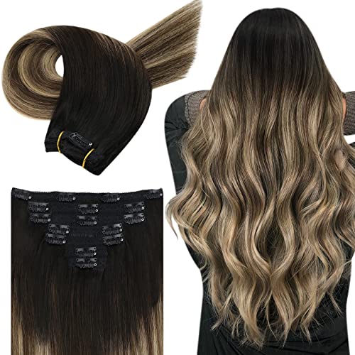 JoYoung Human Hair Clip in Hair Extensions Black 16inch Remy Hair Clip ins Balayage Natural Black to Dark Brown with Blonde Hair Clip Extensions for Women Human Hair Clip on Real Hair 7pcs 100g