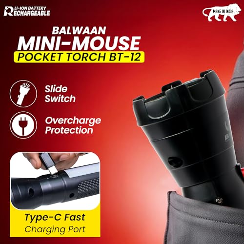 Image of Balwaan Krishi Rechargeable LED Search Light Torch | Handheld Flashlight Torch 1200mAh Battery, 1W SMD LED, Type-C Charging, 3-4 Hours Runtime, for Trekking, Agricultural & Outdoor Activities | BT-12