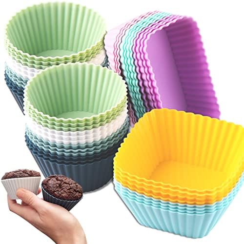 48 Pack Silicone Cupcake Liners,3 Shapes Multicolor Reusable Non-Stick Easy Clean Silicone Cupcake Moulds Pastry Muffin Cups for Baking,Party-BPA Free