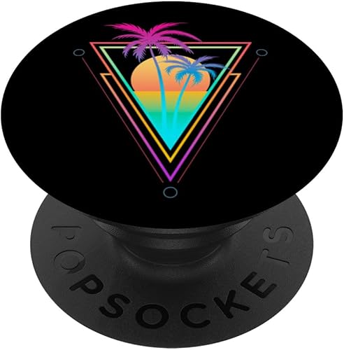 Retro 1980s 1990s Vaporwave Palm Trees Sunset Beach Surf Art PopSockets Adhesive PopGrip