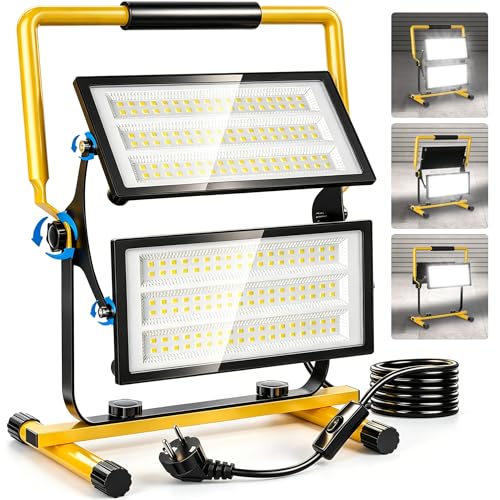 Bellanny Faretto Led da Cantiere 200W 20000LM Faretti area di lavoro Faro LED Esterno - IP66 Impermeabile Portatile Proiettori con Spina e Staffa, Rotazione 360° Lampada per Edilizia Garage Officina