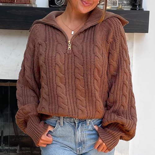 Women Quarter Zip Sweaters Chunky Knit Pullover Sweater Long Sleeve Warm Fashion V Neck Oversized Knitted Top2