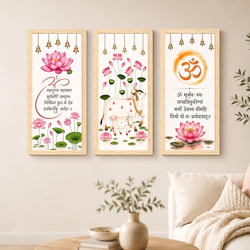 Image of Pichwai Wall Art Painting With Mantra Set of 3 Framed Posters for Living Room, cow & Lotus Painting, Vastu Wall Art Home Decor for Livingroom, Bedroom, Hallways, Office, Hotel (Size-24x48 cm)