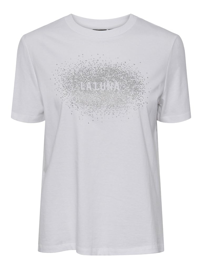 PIECES Women's Pcfria SS Glitter Tee T-Shirt, Bright White/Print: Stars, XS