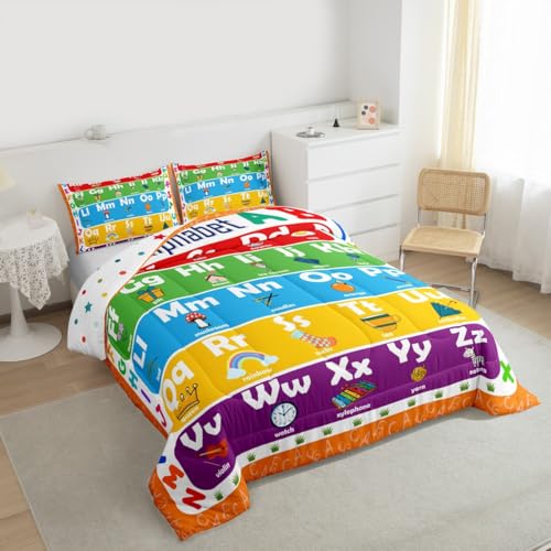 Image of Feelyou ABC Alphabet Comforter Set King Size, Learning Alphabet Bedding Set Kids Toddler Educational Comforter Word Educational Duvet Set Durable Bed Set 3Pcs
