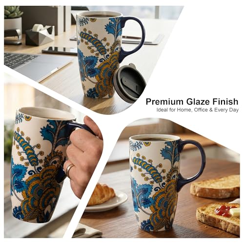 Taza de viaje cerámica 17oz con tapa diseño floral azul miniatura 4