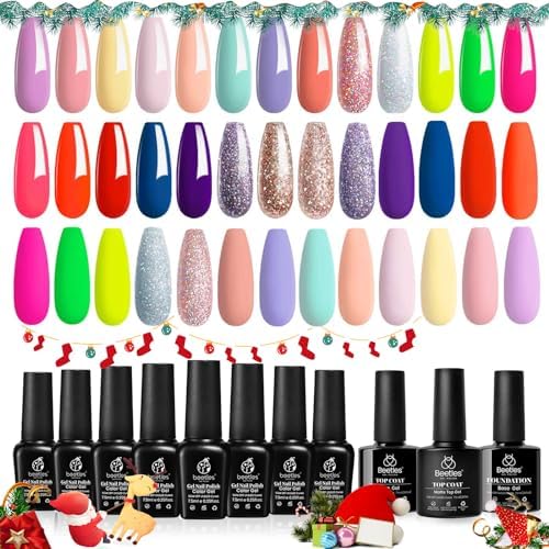 Beetles Gel Nail Polish - 20 Pcs Pastel Paradise Soak Off, Nude Gray Pink Blue Glitter Gel Polish Starter Kit with Glossy Matte Top Base Gel Coat Manicure Kit