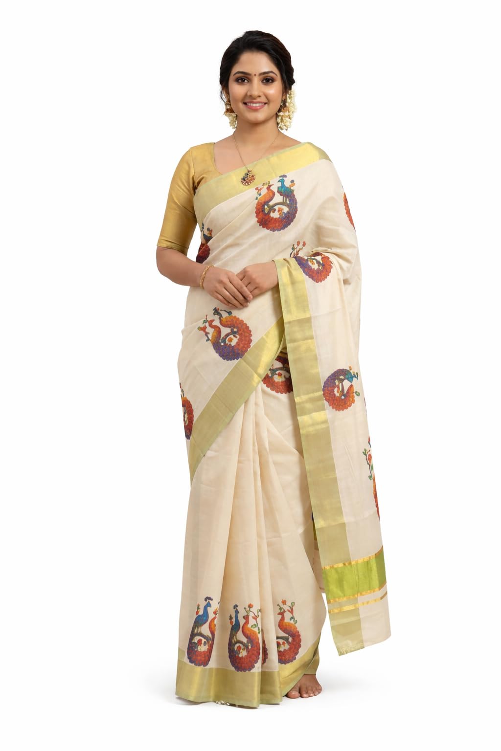 Traditional Kerala Cotton Tissue Silk Saree with Peacock Motifs, Off-White with Golden Border-picture-34