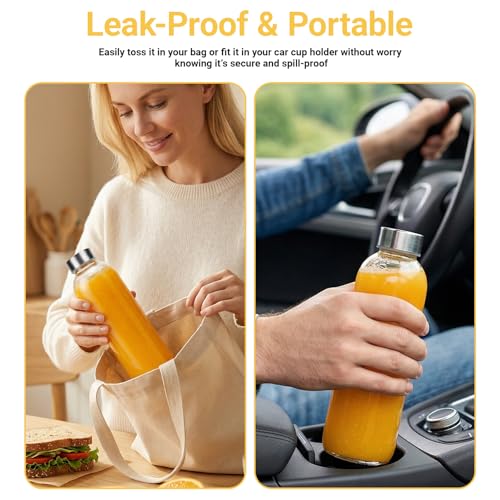Image of Luxfuel 24 oz Glass Water Bottles with Lids, 6 Pack Reusable Juice Bottle with Stainless Steel Cap & Straw, 100% Leak Proof, BPA Free, Clear Glass Bottles for Juicing, Milk, Smoothies, Fridge Storage